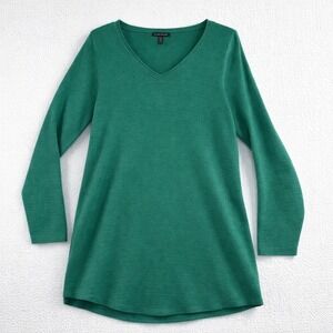 Eileen Fisher XL Green Merino Wool Tunic Sweater V-Neck Long Sleeve Soft